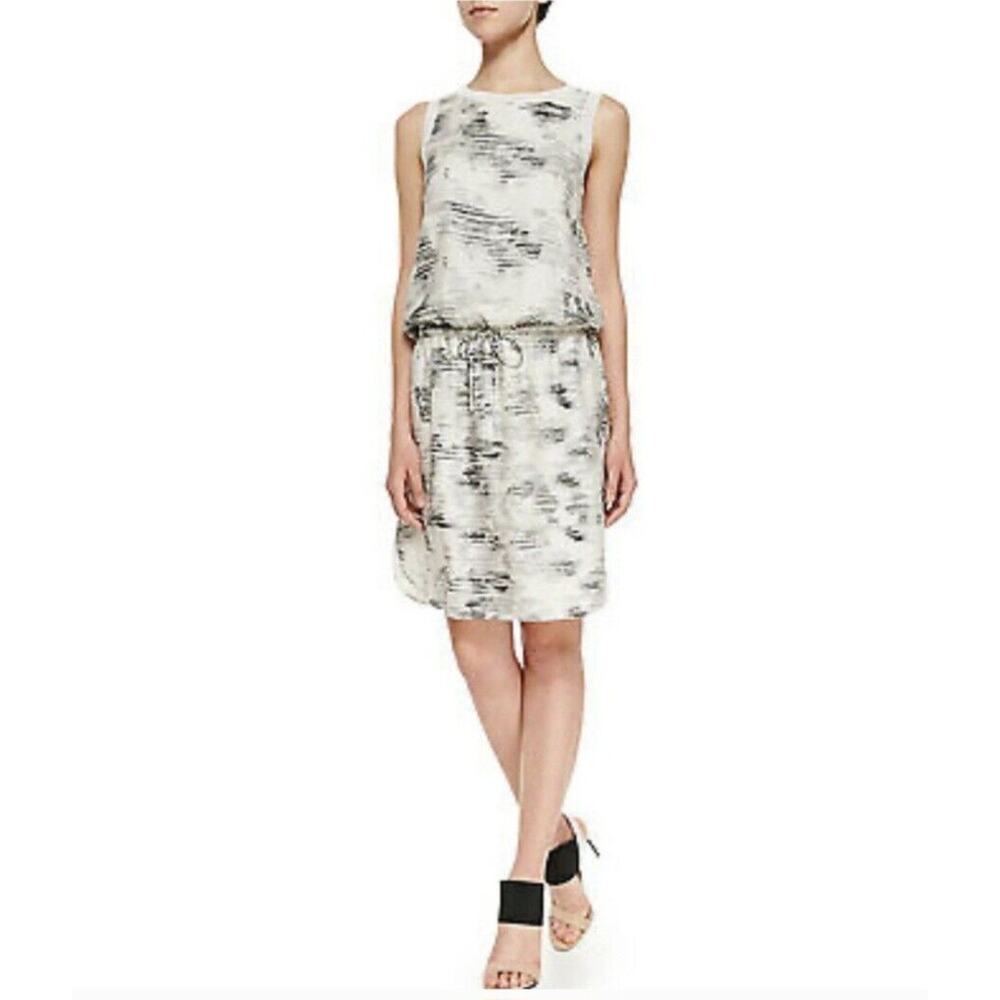 Vince Silk Midi‎ Dress Size XS Black White Pattern Sleeveless Drawstring Waist
